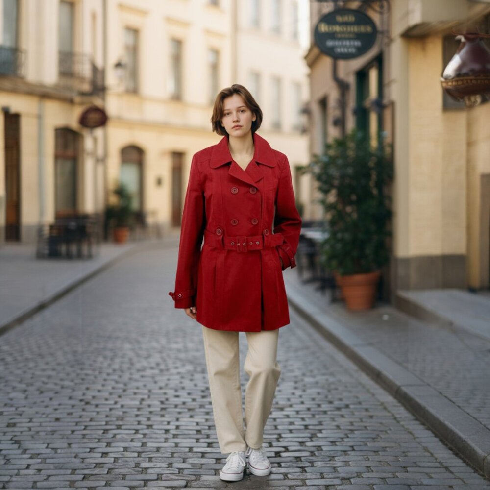 Ann Taylor LOFT Women's Burgundy Red Casual Mid-Length Belted Trench Coat Size 8